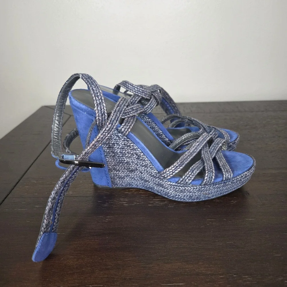 Stuart Weitzman Blue Suede Platform Wedge Sandals Strappy Women's Size 8 - Picture 1 of 10